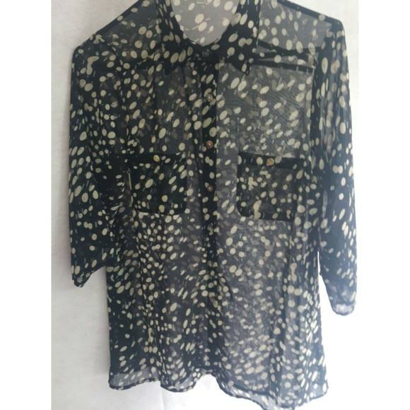 Quintessential button Down Blouse Sheer Sz Small black cream 3/4 Sleeve - Picture 2 of 8
